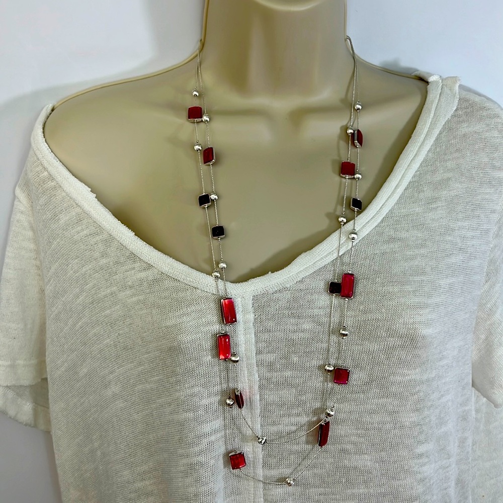 Magnolia Grace - Silver Double Strand Long Necklace | Pink Acrylic Beads